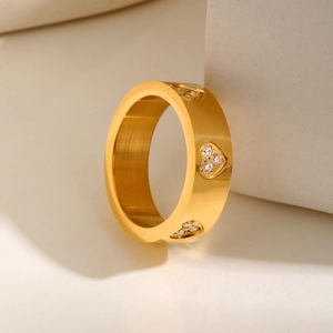 Fashion Stainless Steel Heart Rhinestone Ring For Women Gold Plated Brushed Polished Romantic Minimalist Jewelry Gift