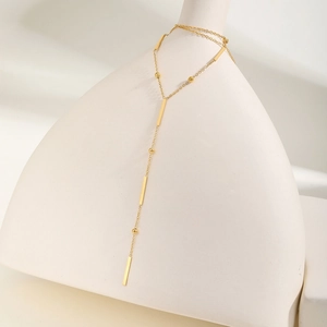 Collier en Y minimaliste en acier inoxydable doré avec pendentifs barres et perles fines