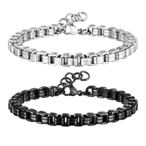 Handmade stainless steel box chain bracelet for men in silver and matte black finishes