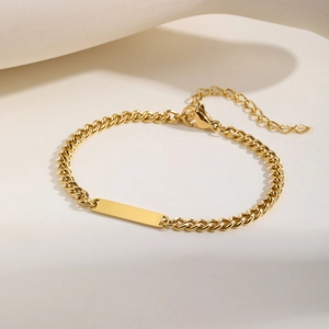 Bracelet ID Minimaliste en Acier Inoxydable Plaque Or Maille Gourmette pour Femmes Barre Polie Bijoux de Main Cadeau Quotidien
