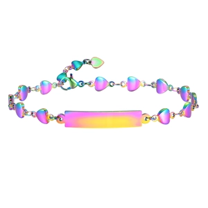 Rainbow gradient stainless steel heart chain bracelet with blank ID plate for engraving