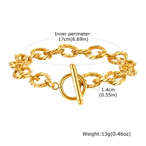 Detail shot of golden twisted chain bracelet with toggle clasp and product dimensions