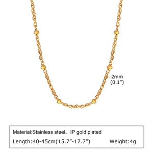 Detail view of 2mm gold plated stainless steel beaded water wave necklace with dimensions