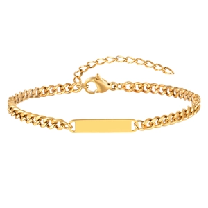 Bracelet gourmette doré en acier inoxydable avec plaque d'identification rectangulaire