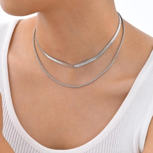 Collier double couche en acier inoxydable argenté avec chaîne serpent et chaîne torsadée