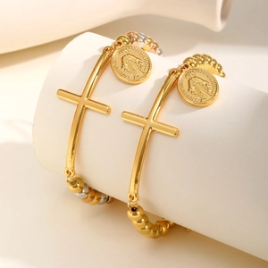 Bracciale a croce in acciaio inossidabile dorato con icone religiose e perline tricolore