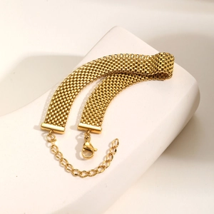 Details des goldenen Edelstahl-Mesh-Armbands mit Karabinerverschluss und Verlängerungskette