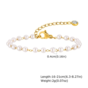 Minimalist gold stainless steel beaded bracelet with white pearls and extender chain