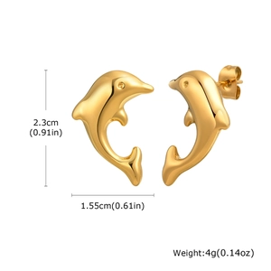 Detail view of gold dolphin stud earrings with precise dimensions and butterfly backings
