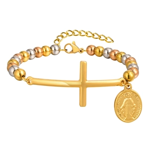 Bracciale con perline a tre toni con croce dorata e medaglia di Maria e catena regolabile