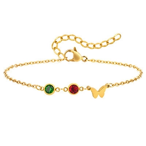 Bracelet doré en acier inoxydable avec zircons rouges et verts et charme papillon