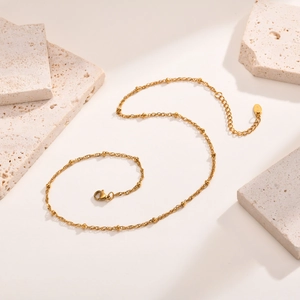 Gold stainless steel water wave chain necklace with beads and K18 adjustable lobster clasp