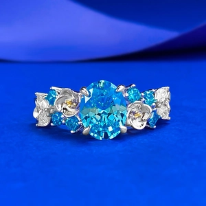 925 Sterling Silver Oval Blue Rhinestone Flower Ring Vintage Luxurious Hydrangea Fairy Finger Ring For Women Jewelry Gift