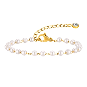 Elegant gold stainless steel bracelet featuring round white pearls and a crystal charm