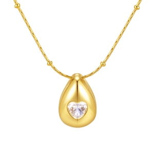 Goldene Tropfenkette mit Herz-Zirkonia an einer Edelstahl-Perlenkette für Damen