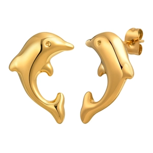 Pair of polished gold stainless steel dolphin stud earrings with butterfly backs