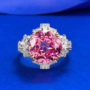 Luxury 925 Sterling Silver Round Pink Corundum Ring For Women Inlaid Rhinestone Geometric Finger Ring Wedding Jewelry