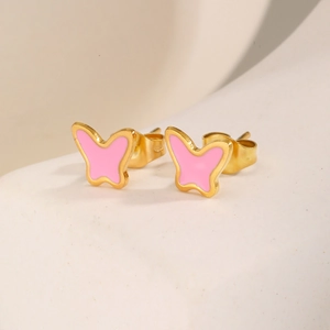 Eleganti orecchini a lobo a farfalla dorati con smalto rosa per un look quotidiano
