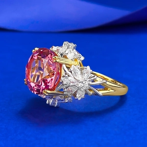Luxury S925 silver ring with 11x11 padparadscha corundum and floral gemstone cluster