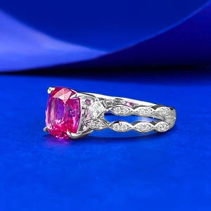 Luxurious S925 silver ring with cushion cut pink sapphire and micro-paved zircon band