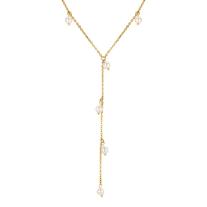 Elegante collana a Y in acciaio inossidabile dorato con sei perle bianche lisce