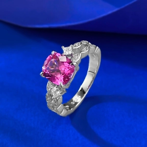 S925 sterling silver ring with cushion-cut pink gemstone and marquise side stones