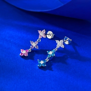 S925 silver four-leaf clover drop earrings with colorful gradient zircon stones