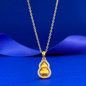 Collier Pendentif Calebasse Wu Lou en Argent Sterling 925 Plaqué Or Brossé avec Strass Incrustés Bijoux pour Femmes Hommes