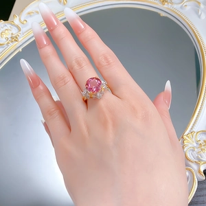 Detailed view of luxury S925 silver ring with large pink lotus corundum gemstone