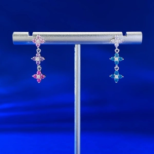 Detailed close-up of S925 silver dangling earrings with colorful flower gemstones