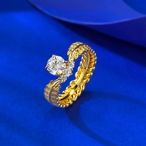 Classic S925 silver gold-plated wheat grain ring with a large round brilliant gemstone