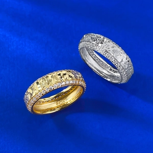 S925 sterling silver wide band ring with crushed ice texture and sparkling crystals