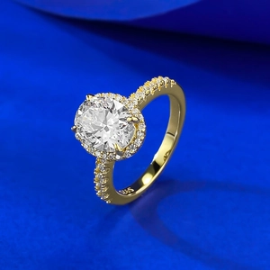 Classic gold S925 sterling silver ring with oval cut white diamond and pavé setting