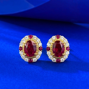 Boucles d'Oreilles Clous Ovales en Argent Sterling 925 Rouge Sang de Pigeon Style Vintage Pavé de Strass et Rubis