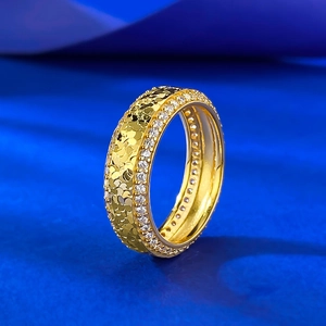 Hammered gold S925 silver wide ring with double rows of sparkling white zircons