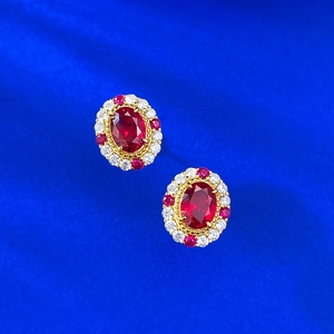 Boucles d'oreilles en argent S925 avec rubis ovale rouge sang de pigeon et dorure