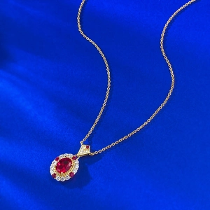Luxurious S925 silver necklace with pigeon blood red oval pendant and sparkling crystals
