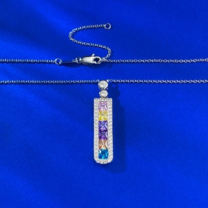 S925 silver rainbow pendant necklace with colorful gems and zircon on blue silk base