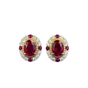 Boucles d'oreilles en argent S925 avec rubis sang de pigeon ovale et halo doré de diamants