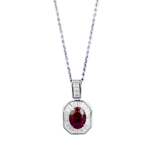Collier en argent S925 avec pendentif rubis rouge sang de pigeon ovale et halo de diamants