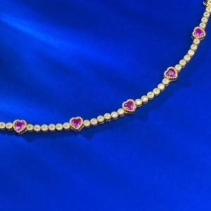 Elegant gold plated S925 silver bracelet with pink heart gems and white cubic zirconia