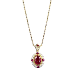 Elegant S925 silver necklace with oval ruby pendant and diamond halo on gold chain