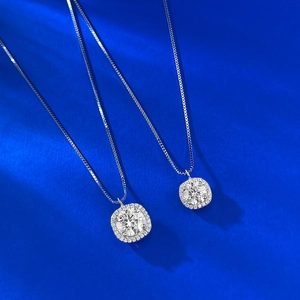 Classic 1ct moissanite S925 silver pendant necklace with square halo pavé setting