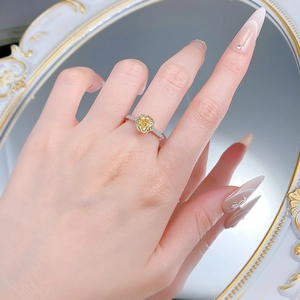 Detailed view of S925 silver ring featuring a yellow rose-cut gem on a model hand