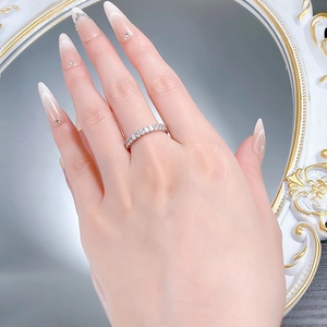 Detail shot of a sparkling S925 sterling silver eternity ring with round zircons on hand