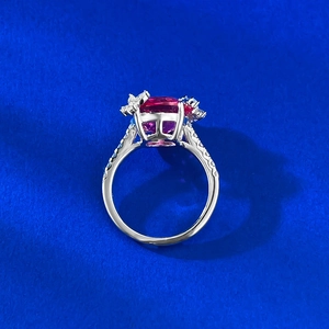 S925 silver ring with 10mm rose red lotus gemstone and butterfly accents in minimalist style