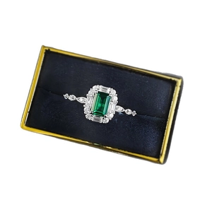Classic S925 silver emerald cut green gemstone ring with halo diamonds in velvet box