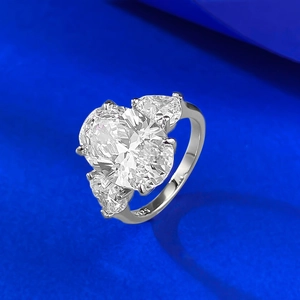 Classic S925 sterling silver ring with large oval center stone and pear side accents