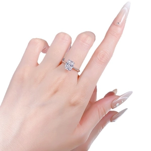 Classic S925 sterling silver ring with cushion cut solitaire diamond on model hand