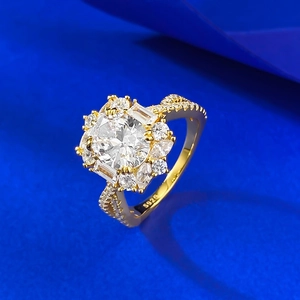 Luxurious S925 sterling silver ring with large round stone and pave-set zircon clusters